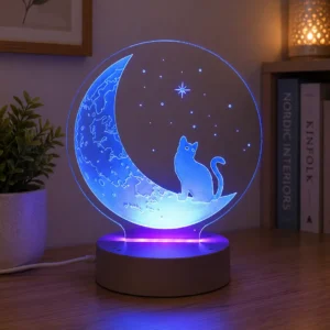 Lámpara LED personalizada Gato y Luna decorativa grabada en metacrilato