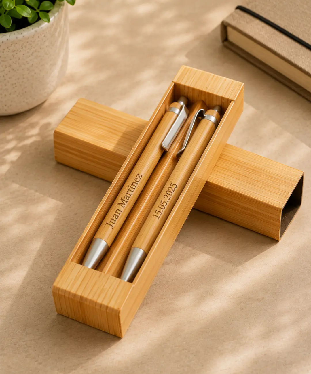Set de escritura personalizado de bambú Kioto con grabado láser
