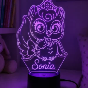 Lámpara LED personalizada búho princesa con nombre para niñas