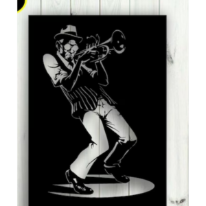 Cuadro Troquelado con la imagen de un trompetista de jazz que está tocando el instrumento.