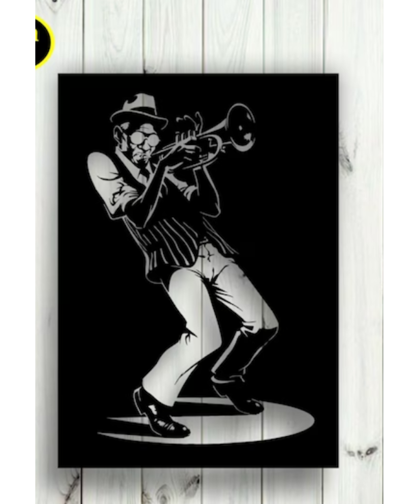 Cuadro Troquelado con la imagen de un trompetista de jazz que está tocando el instrumento.