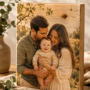 Foto impresa a color directamente sobre madera maciza natural personalizada con caja de regalo negra