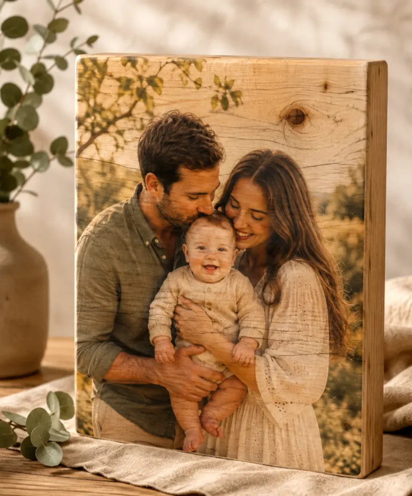 Foto impresa a color directamente sobre madera maciza natural personalizada con caja de regalo negra