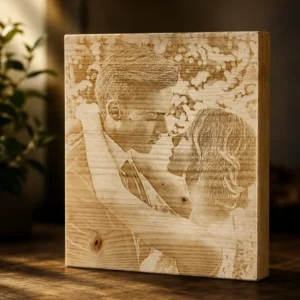 Foto grabada en madera maciza natural personalizada con grabado láser y caja de regalo negra