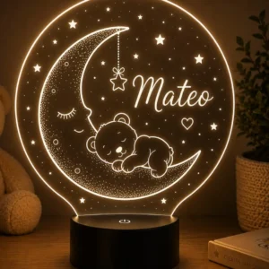 Lámpara LED personalizada osito y luna con nombre para bebé