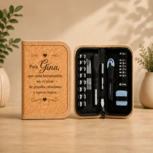 Kit de herramientas personalizado con 24 accesorios y estuche de corcho natural