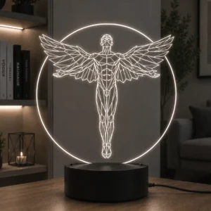 Lámpara LED decorativa ángel geométrico con alas fabricada en metacrilato grabado por láser