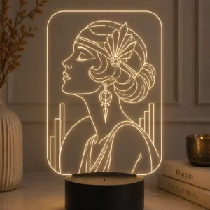 Lámpara LED decorativa Art Deco con retrato femenino grabado en metacrilato