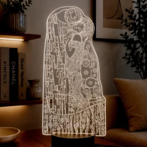 Lámpara LED decorativa inspirada en El Beso de Klimt grabada sobre metacrilato