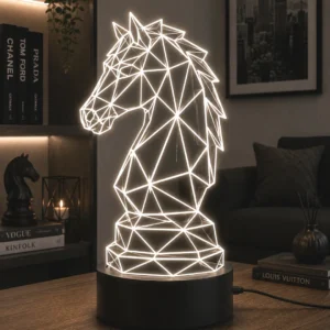 Lámpara LED decorativa caballo de ajedrez geométrico grabado en metacrilato