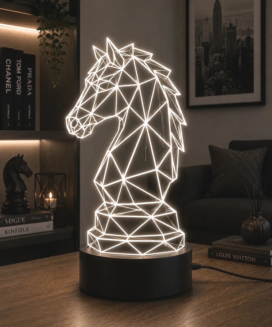 Lámpara LED decorativa caballo de ajedrez geométrico grabado en metacrilato