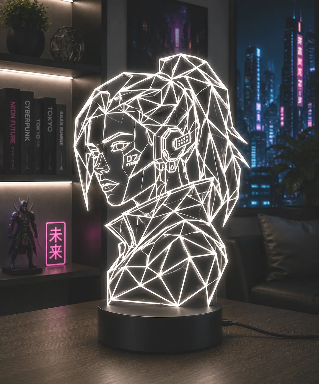 Lámpara LED decorativa ciberpunk con diseño geométrico grabado en metacrilato