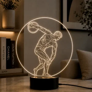 Lámpara LED decorativa Discóbolo inspirada en la escultura clásica griega grabada en metacrilato