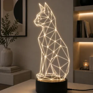 Lámpara LED decorativa gato geométrico grabado en metacrilato