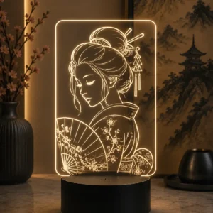 Lámpara LED decorativa geisha japonesa grabada en metacrilato