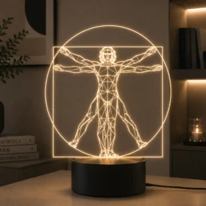 Lámpara LED decorativa Hombre de Vitruvio inspirada en la obra de Leonardo da Vinci grabada en metacrilato