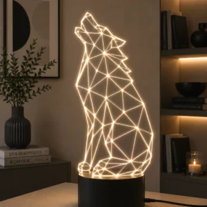 Lámpara LED decorativa lobo geométrico aullando grabado en metacrilato