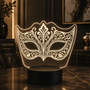 Lámpara LED decorativa máscara veneciana con detalles ornamentales grabada en metacrilato