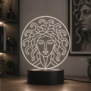 Lámpara LED decorativa Medusa inspirada en la mitología griega grabada en metacrilato