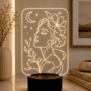 Lámpara LED decorativa rostro de mujer grabado en metacrilato con diseño artístico