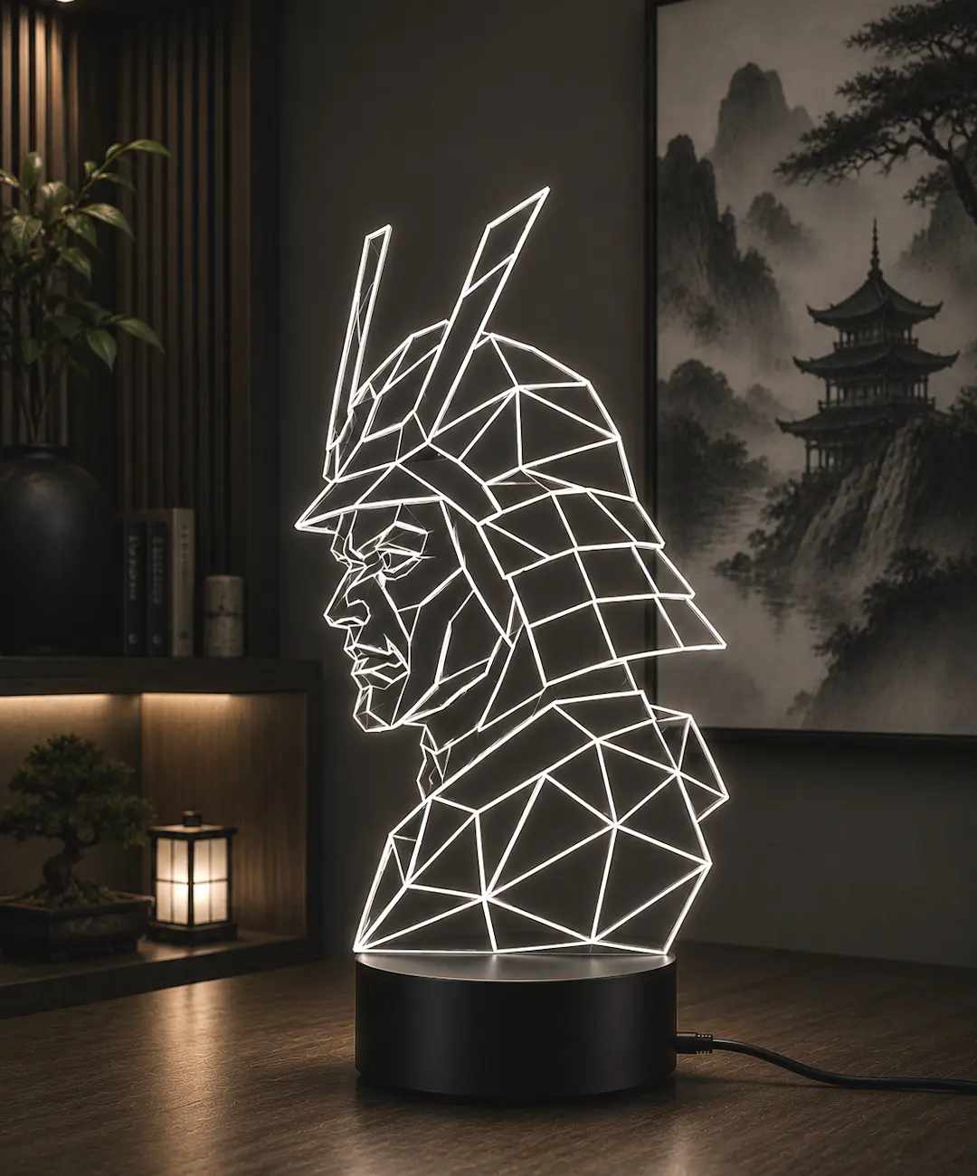 Lámpara LED decorativa samurái geométrico grabado en metacrilato