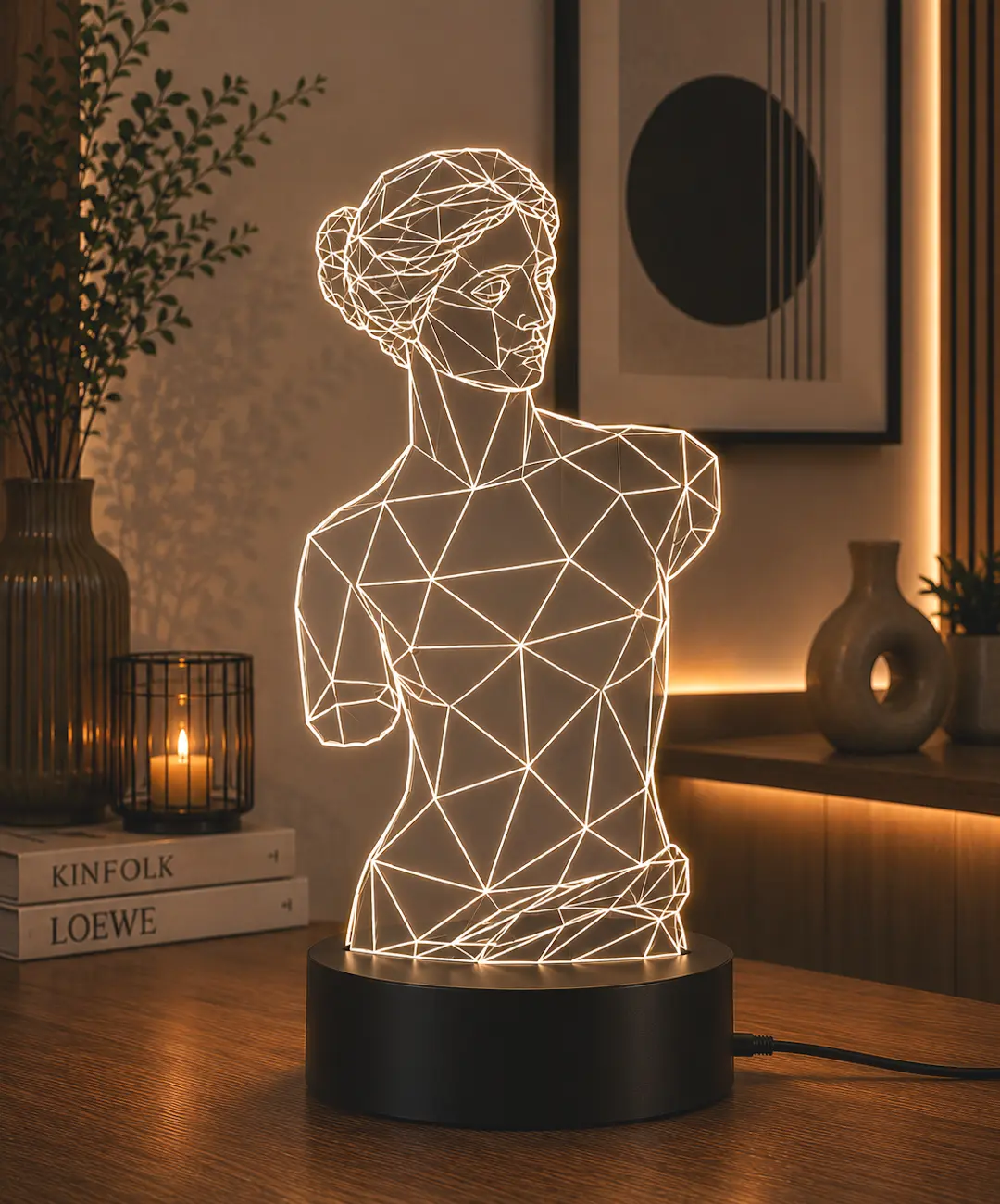 Lámpara LED decorativa Venus de Milo inspirada en la escultura clásica grabada en metacrilato