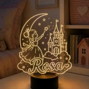 Lámpara infantil personalizada princesa y castillo con nombre grabado en metacrilato