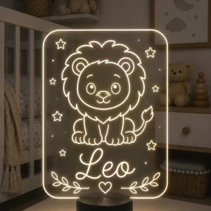 Lámpara infantil personalizada león con nombre grabado en metacrilato