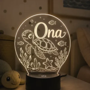 Lámpara infantil personalizada tortuga con nombre grabado en metacrilato