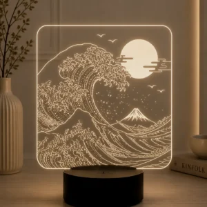 Lámpara LED decorativa inspirada en La Gran Ola de Kanagawa grabada en metacrilato
