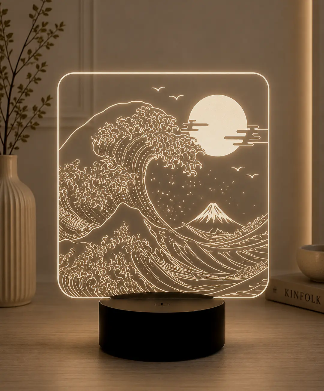 Lámpara LED decorativa inspirada en La Gran Ola de Kanagawa grabada en metacrilato
