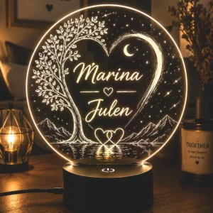 Lámpara LED personalizada árbol del amor con nombres grabados sobre metacrilato