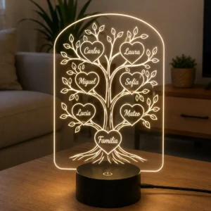 Lámpara LED personalizada árbol genealógico con nombres grabados sobre metacrilato