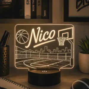 Lámpara personalizada cancha de baloncesto grabada en metacrilato con nombre personalizado