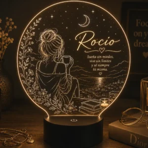 Lámpara personalizada chica soñadora grabada en metacrilato con nombre personalizado
