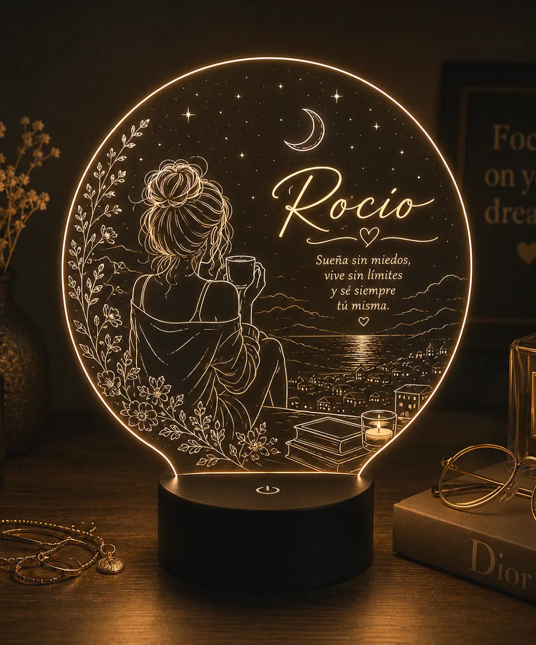 Lámpara personalizada chica soñadora grabada en metacrilato con nombre personalizado