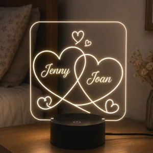 Lámpara personalizada corazones entrelazados grabada en metacrilato con nombres personalizados