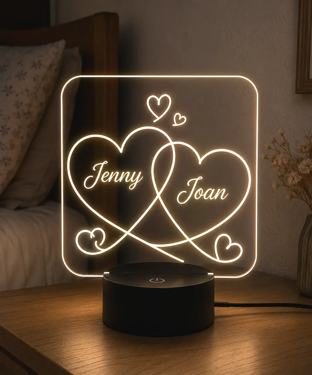 Lámpara personalizada corazones entrelazados grabada en metacrilato con nombres personalizados