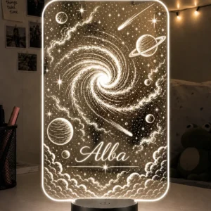 Lámpara personalizada galaxia grabada en metacrilato con nombre personalizado