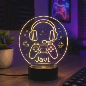 Lámpara personalizada gamer y auriculares grabada en metacrilato con nombre personalizado