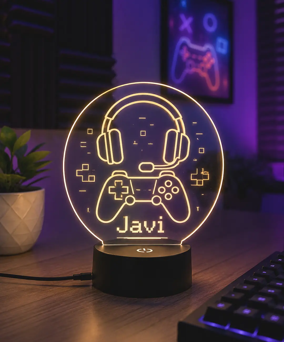 Lámpara personalizada gamer y auriculares grabada en metacrilato con nombre personalizado