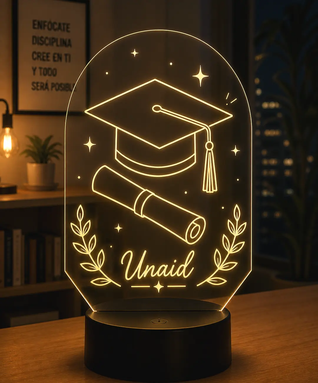 Lámpara personalizada graduación grabada en metacrilato con nombre personalizado