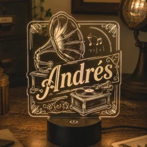 Lámpara personalizada gramola grabada en metacrilato con nombre personalizado