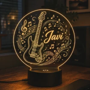 Lámpara personalizada guitarra eléctrica y notas grabada en metacrilato con nombre personalizado