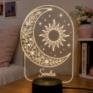 Lámpara personalizada luna mandala con nombre grabado en metacrilato