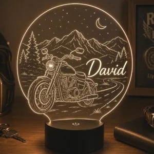 Lámpara personalizada moto y montañas con nombre grabado en metacrilato