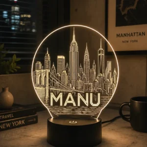 Lámpara personalizada skyline Nueva York con nombre grabado en metacrilato
