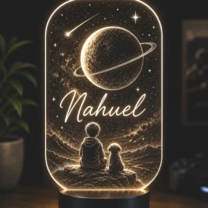 Lámpara personalizada niño y mascota con nombre grabado en metacrilato
