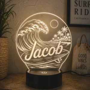 Lámpara personalizada ola de surf con nombre grabado en metacrilato