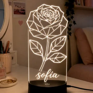 Lámpara personalizada rosa geométrica con nombre grabado en metacrilato